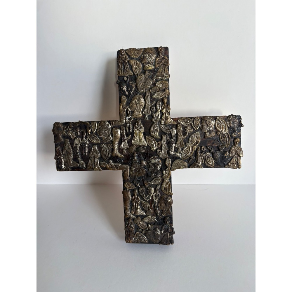 Vintage Mexican Folk Art Milagro Cross Wood Metal Religious Wall Decor 7 Inch